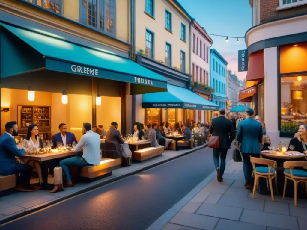 Escena animada en una calle de la ciudad con restaurantes modernos y sin gluten, tendencias alimentación sin gluten