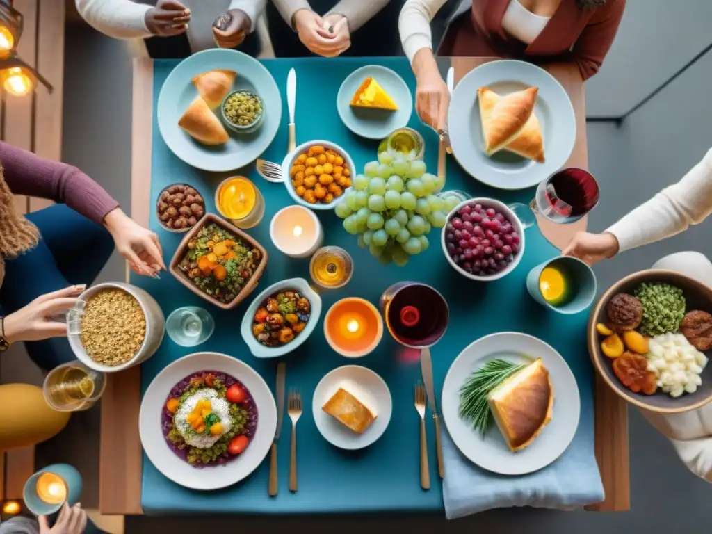 Una escena animada de un evento social vibrante con deliciosa comida sin gluten