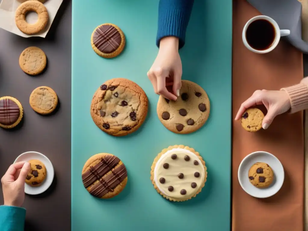 Una escena animada donde expertos y consumidores prueban galletas sin gluten, con detalles meticulosos