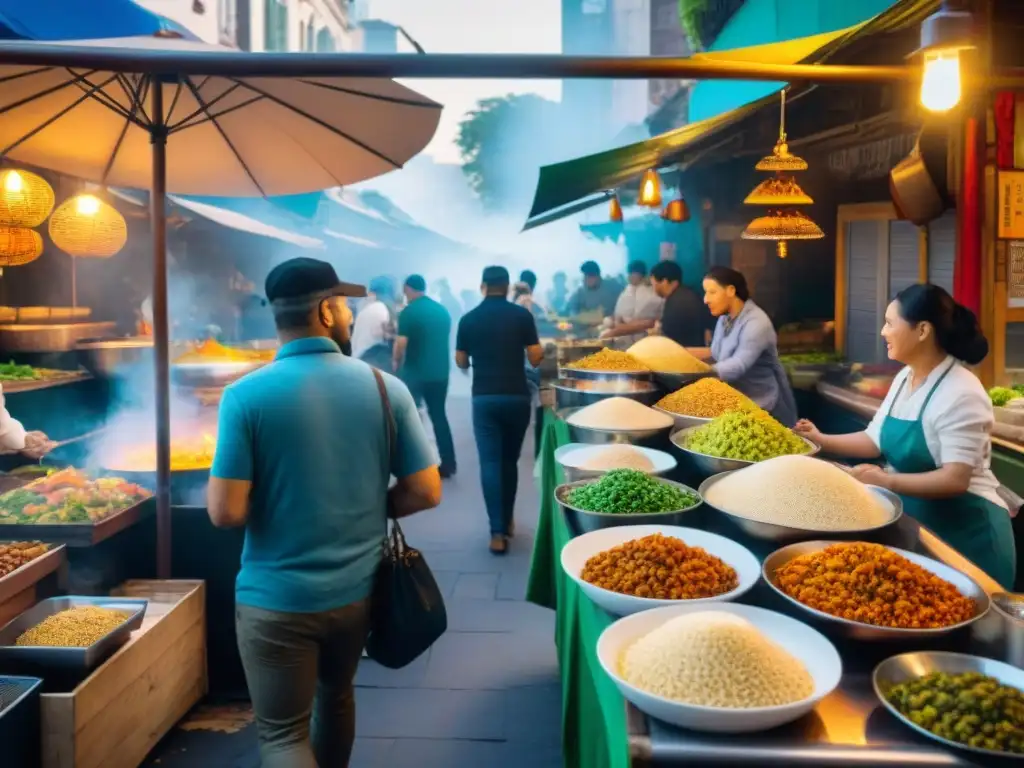 Escena animada de mercado callejero con recetas sin gluten comida callejera de todo el mundo, colores y aromas vibrantes