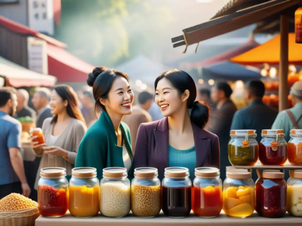 Una escena animada en un mercado con variedad de alimentos fermentados sin gluten