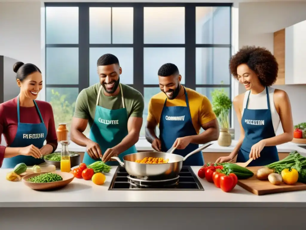 Una escena animada de personas cocinando juntas en una cocina moderna y espaciosa, rodeadas de ingredientes sin gluten