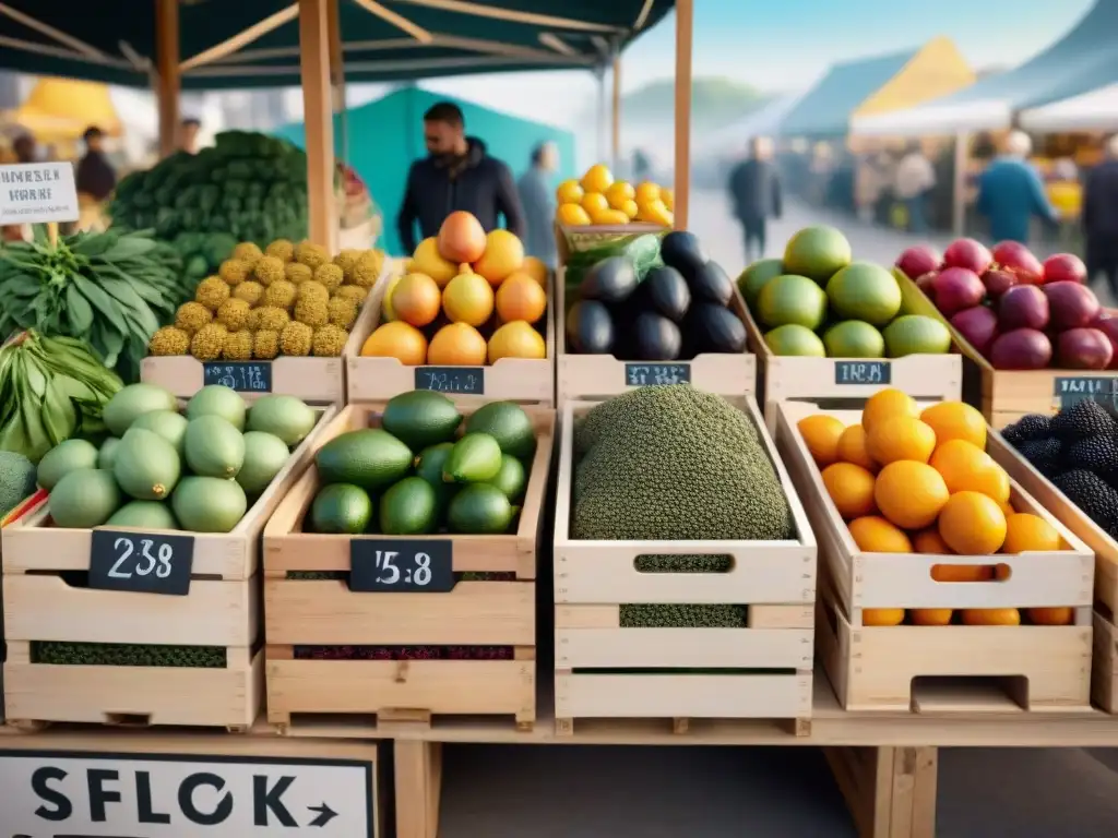 Una escena animada de un puesto de mercado rebosante de frutas, verduras y aguacates frescos, con clientes de diversas culturas