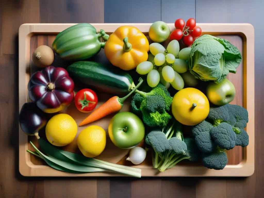 Una escena apetitosa y colorida de frutas y verduras frescas sobre tabla de madera, resaltando los beneficios de una dieta sin gluten para la salud