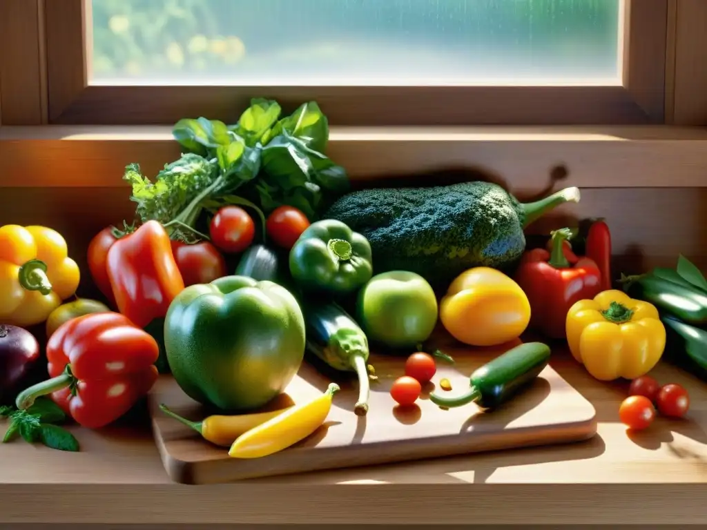 Una escena apetitosa con frutas y verduras frescas, agua brillante y luz solar, transmitiendo los beneficios culinarios de una dieta sin gluten