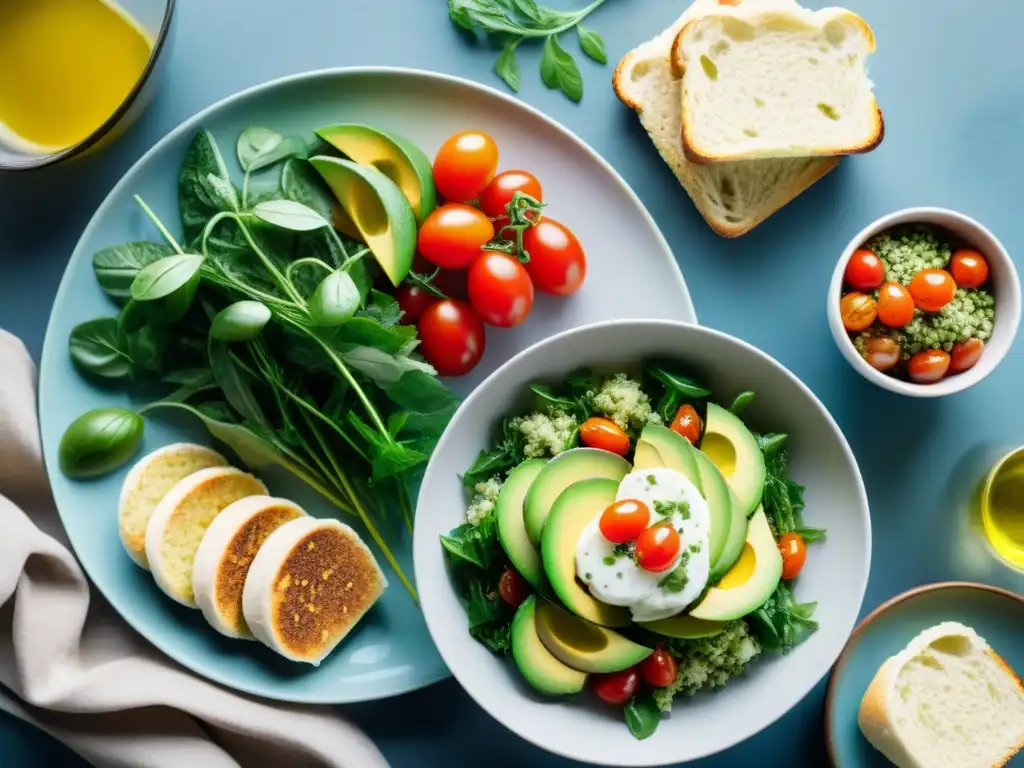 Una escena apetitosa con una mesa llena de coloridos platillos sin gluten, resaltando una vibrante ensalada