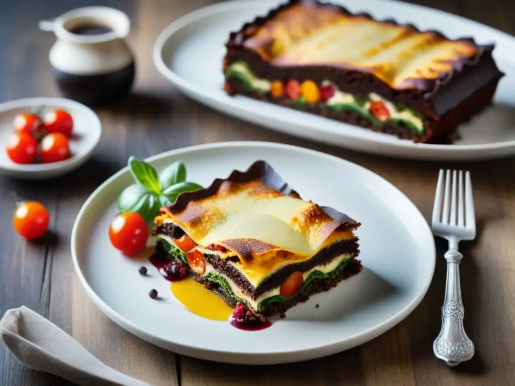 Una escena apetitosa con platos sin gluten recetas innovadoras: lasaña, ensalada de quinoa y pastel de chocolate sin harina