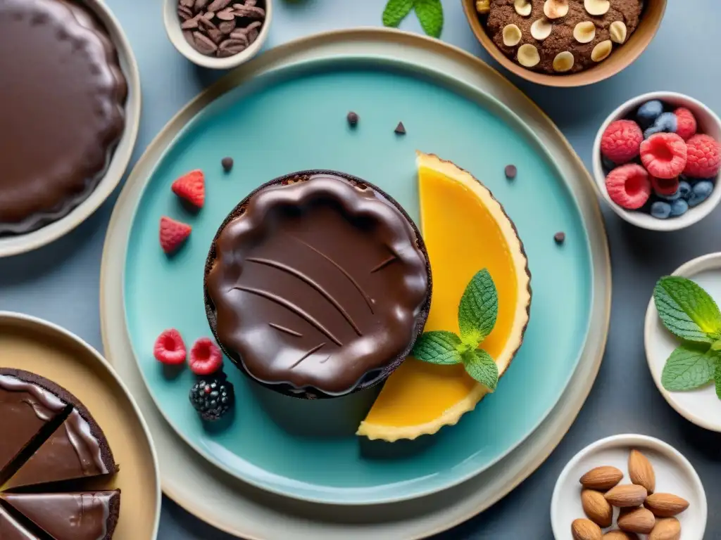 Escena apetitosa de postres sin gluten fáciles: tarta de chocolate, frutas y macarons con decoración de frutos rojos y hojas de menta