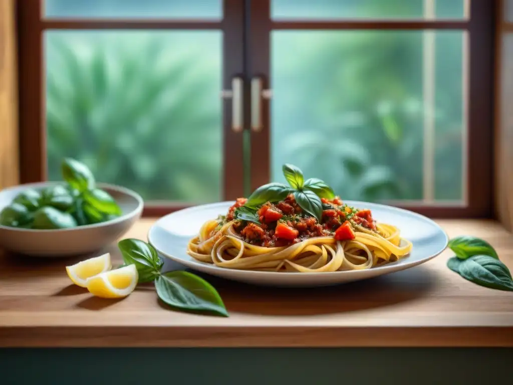 Escena auténtica de una acogedora cocina italiana con una mesa rústica lista para una deliciosa comida de pasta vegana sin gluten