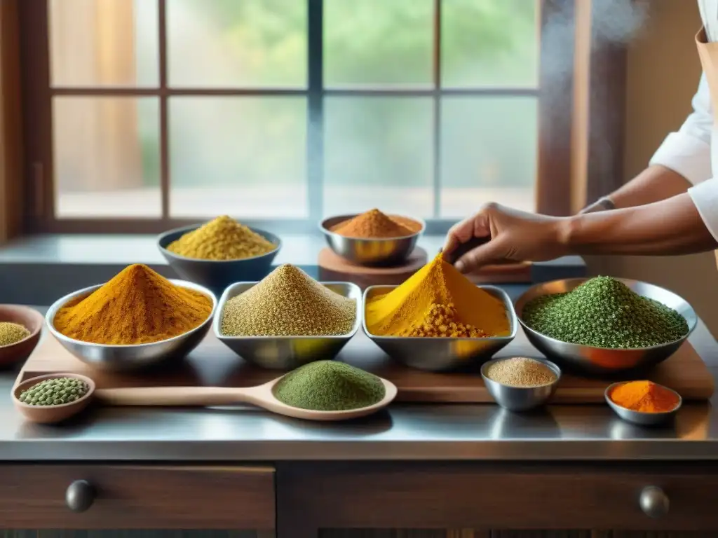 Una escena auténtica y colorida de una cocina india tradicional sin gluten, con especias y chef preparando roti