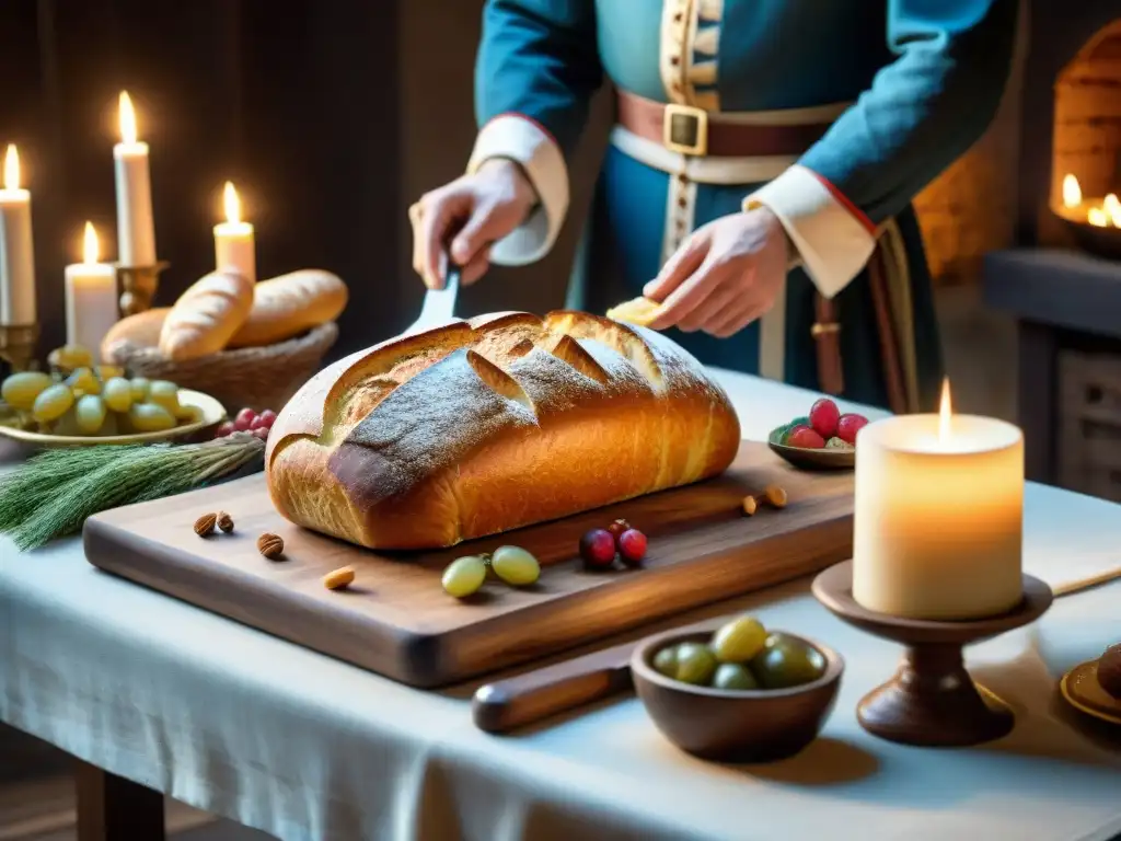 Una escena de banquete medieval con representaciones culturales de gluten, arte y literatura en la comida y el entorno, iluminada por velas