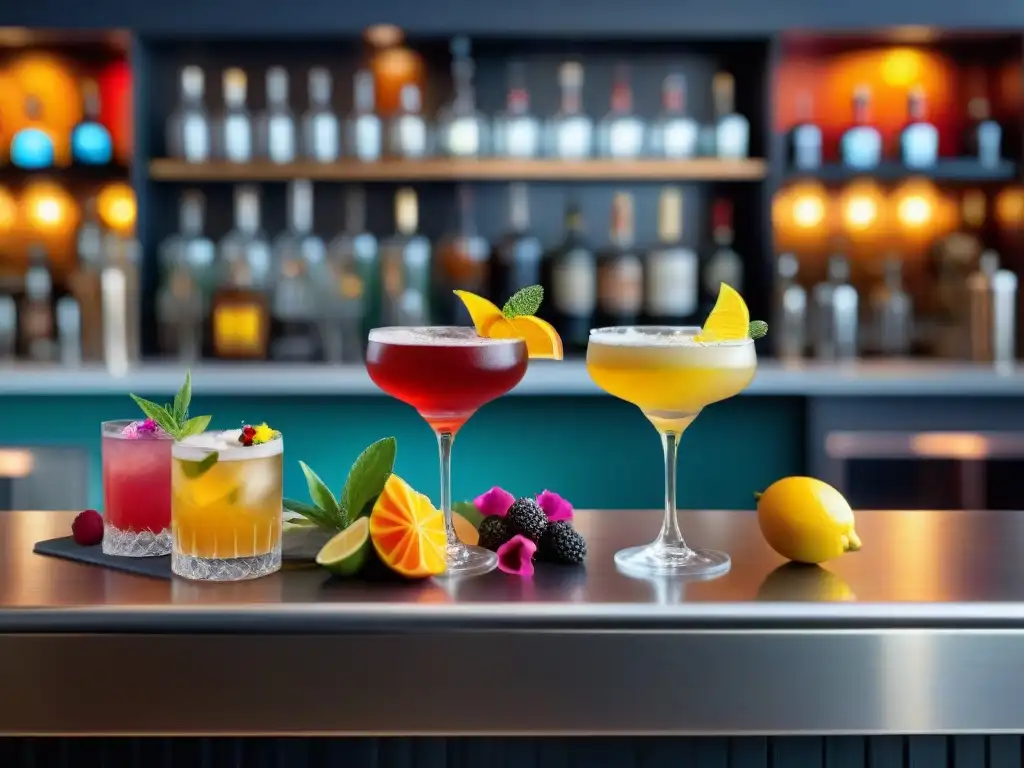 Exquisita variedad de cócteles sin gluten en bar moderno Una escena de bar de cócteles moderna y elegante con una variedad de Cócteles sin gluten innovadores, coloridos y artísticamente elaborados