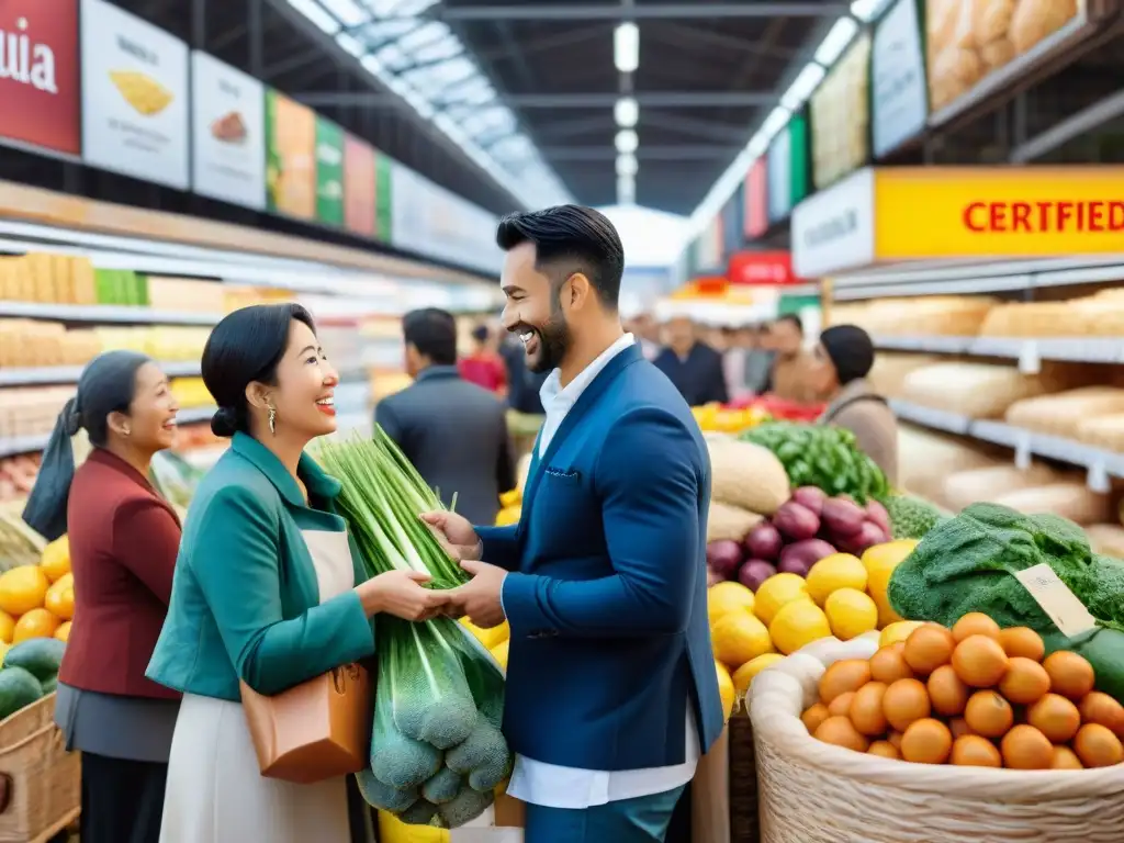 Una escena bulliciosa en un mercado internacional, diverso grupo de personas inspeccionan productos sin gluten importados con certificación