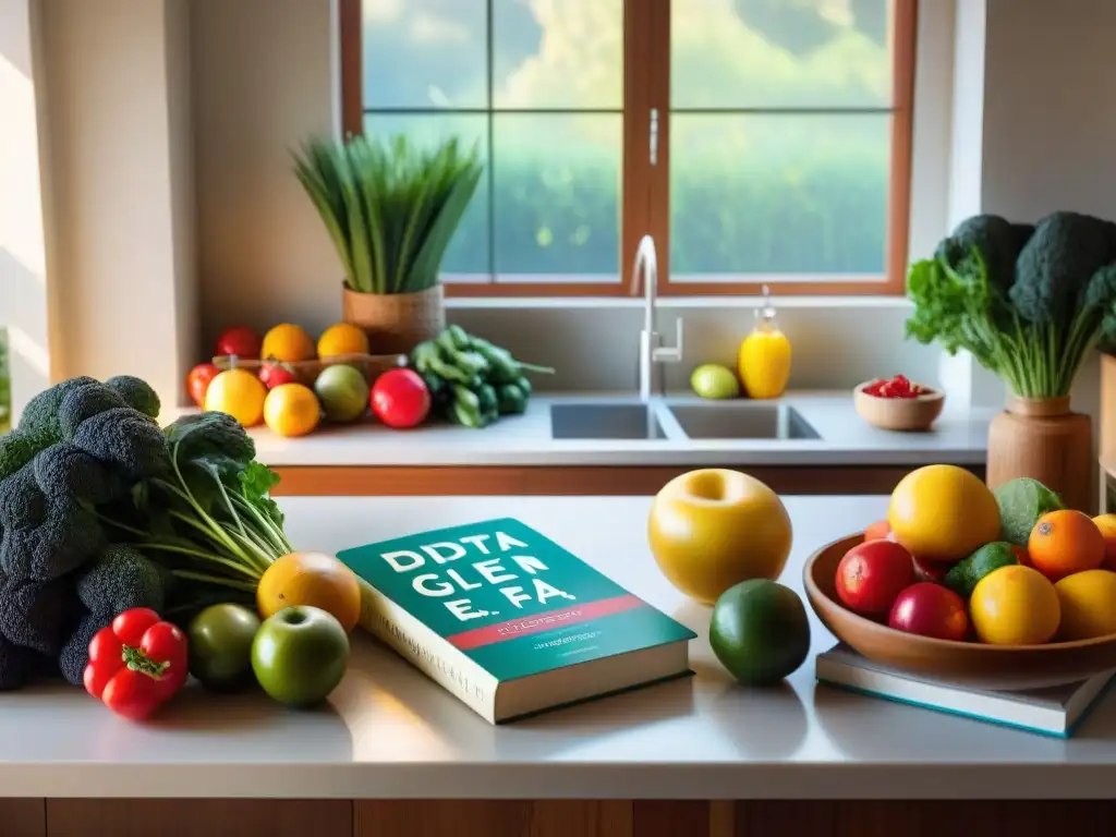 Escena cálida y acogedora de cocina con frutas, verduras y libros de cocina sin gluten