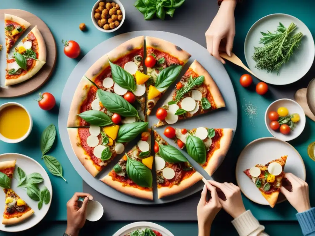 Una escena cálida y acogedora donde una diversa familia disfruta de recetas pizza paleo sin gluten en una fiesta alegre y compartida