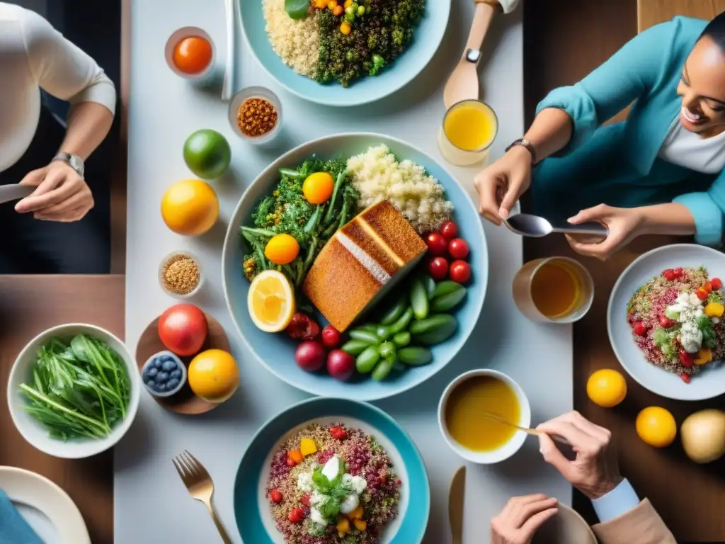 Una escena cálida y acogedora de diversidad y comunidad alrededor de una comida sin gluten, desmitificando la cura de la enfermedad celíaca