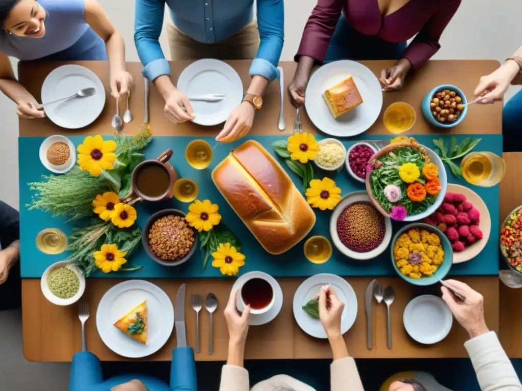 Una escena cálida y acogedora: un grupo diverso disfruta de comida sin gluten, fomentando inclusión y apoyo