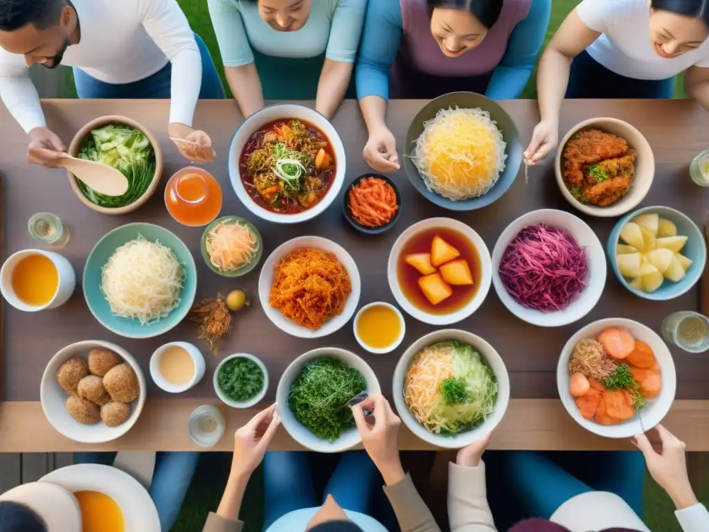 Una escena cálida y acogedora de personas diversas disfrutando de alimentos probióticos sin gluten en una mesa rústica