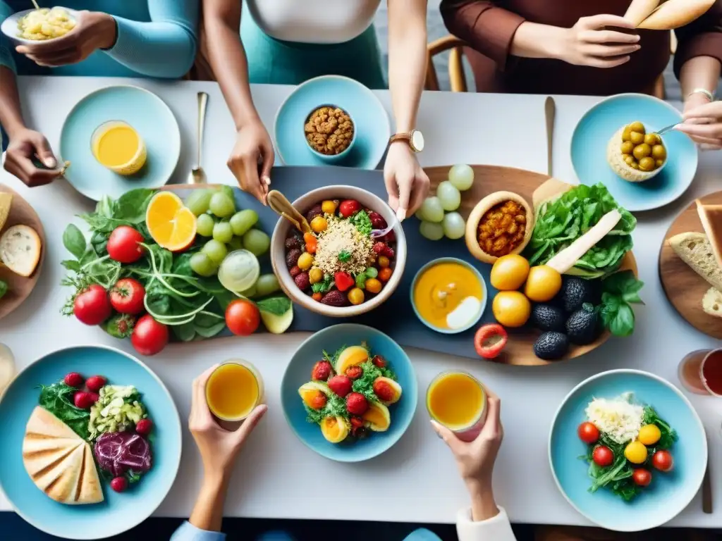 Una escena cálida y acogedora de personas disfrutando de una variedad de alimentos sin gluten, creando conexión y alegría