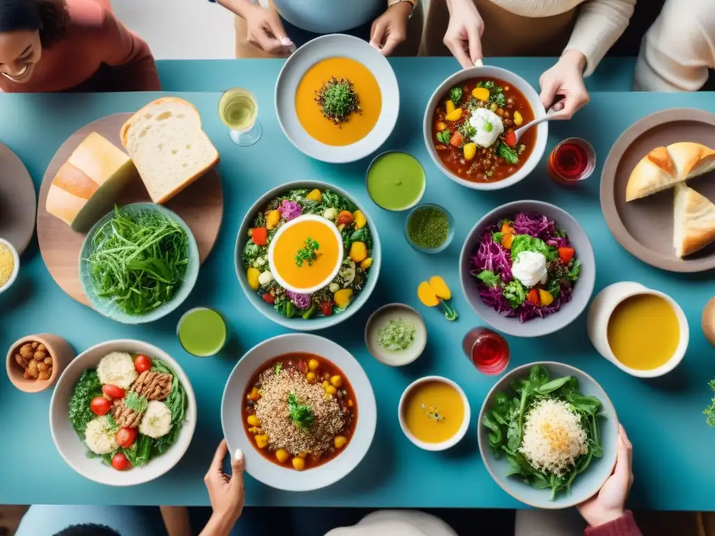 Convivencia feliz: Cena diversa y saludable en 8k Una escena cálida y acogedora de personas diversas disfrutando de una comida fermentada sin gluten, resaltando los beneficios de la digestibilidad