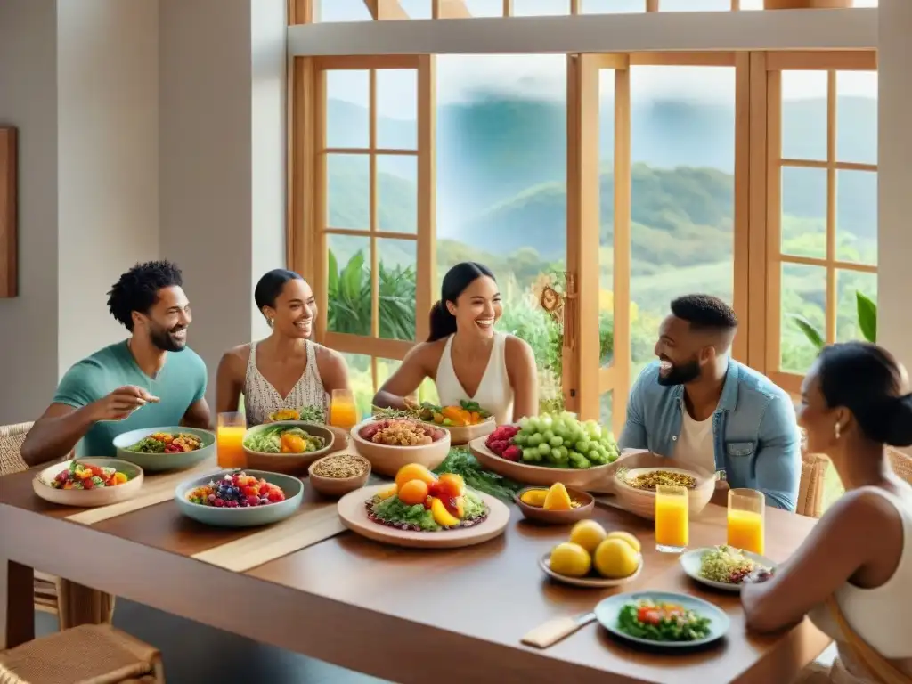 Una escena cálida y alegre de amigos disfrutando de una cena sostenible y sin gluten en una mesa bellamente decorada