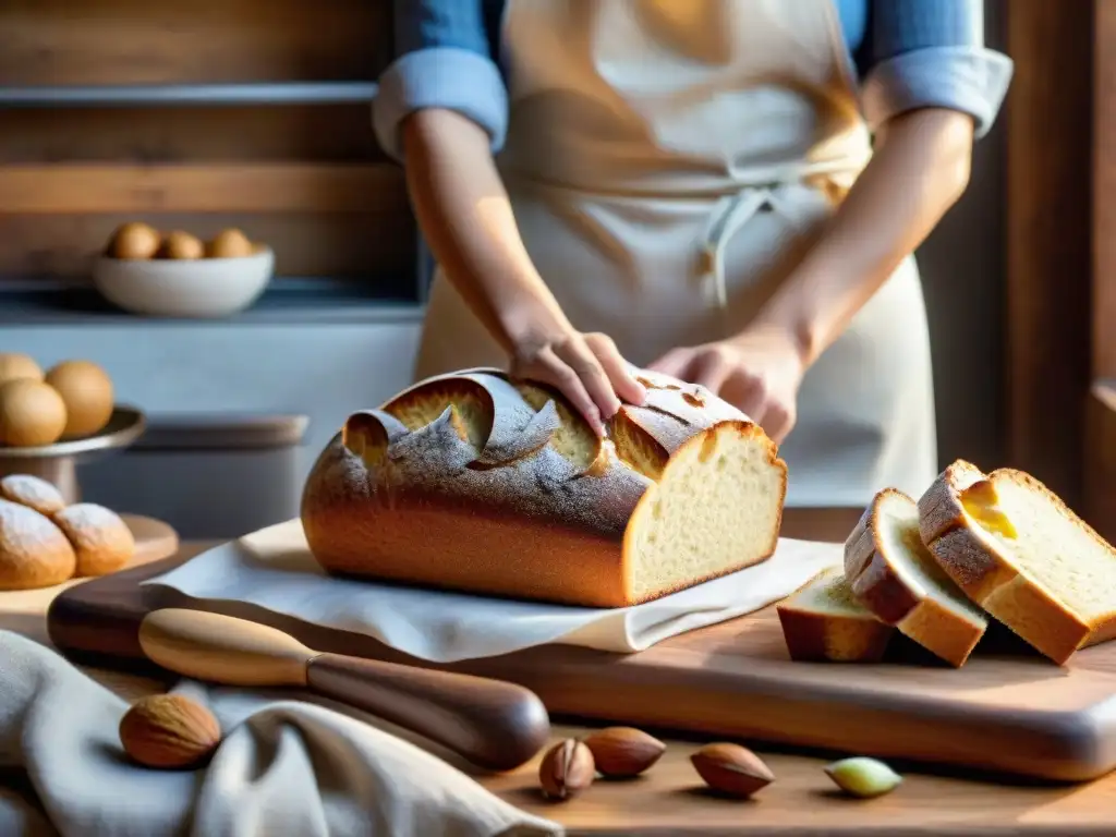 Escena cálida de una cocina con panadería sin gluten perfecta: panes recién horneados y mujer cortando una hogaza esponjosa