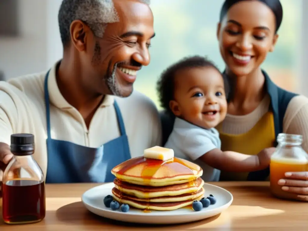 Una escena cálida en la cocina con personas de diferentes edades y tonos de piel vertiendo jarabe sin gluten sobre pancakes