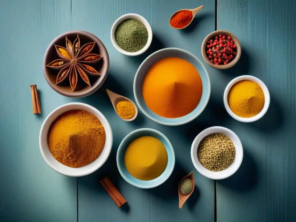 Una escena cálida y colorida de especias en platos de cerámica sobre mesa rústica, ideal para cocinar sin gluten con especias