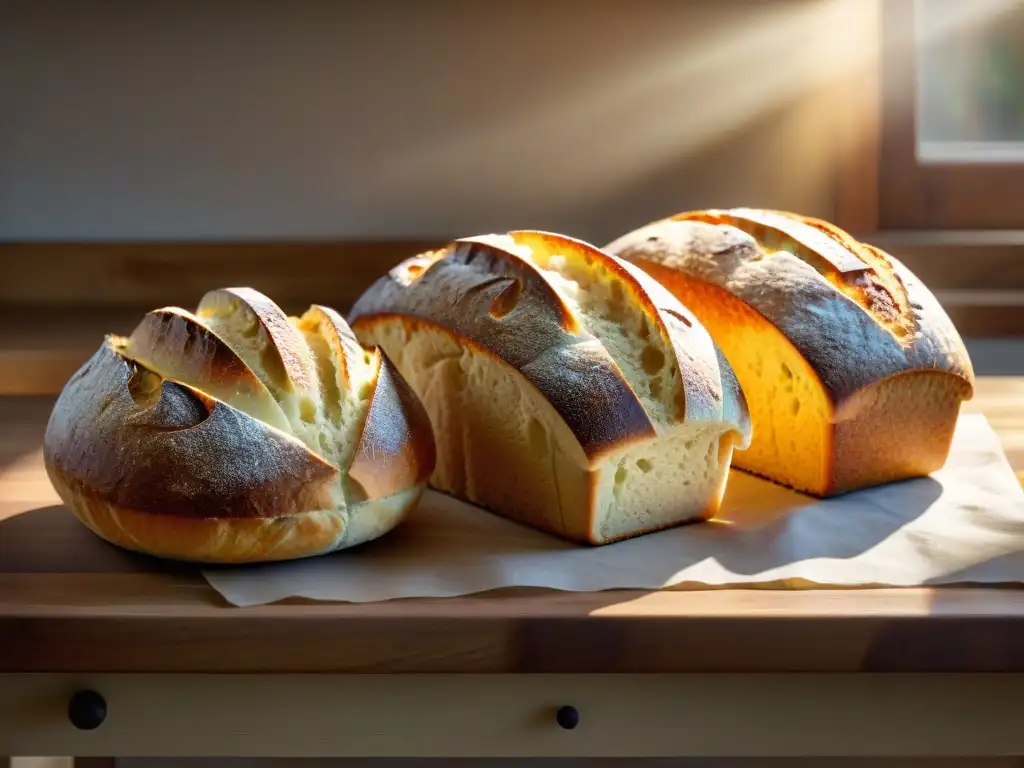 Una escena cálida de fermentación pan sin gluten: variedad de hogazas de masa madre sin gluten en una encimera de madera, bañadas por la luz del sol