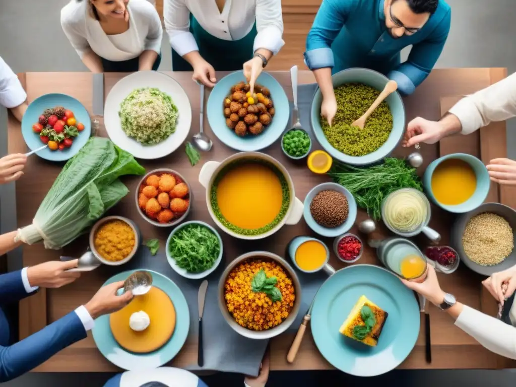 Una escena cálida y vibrante de networking gastronómico sin gluten, con chefs y entusiastas culinarios alrededor de una mesa abundante y colorida