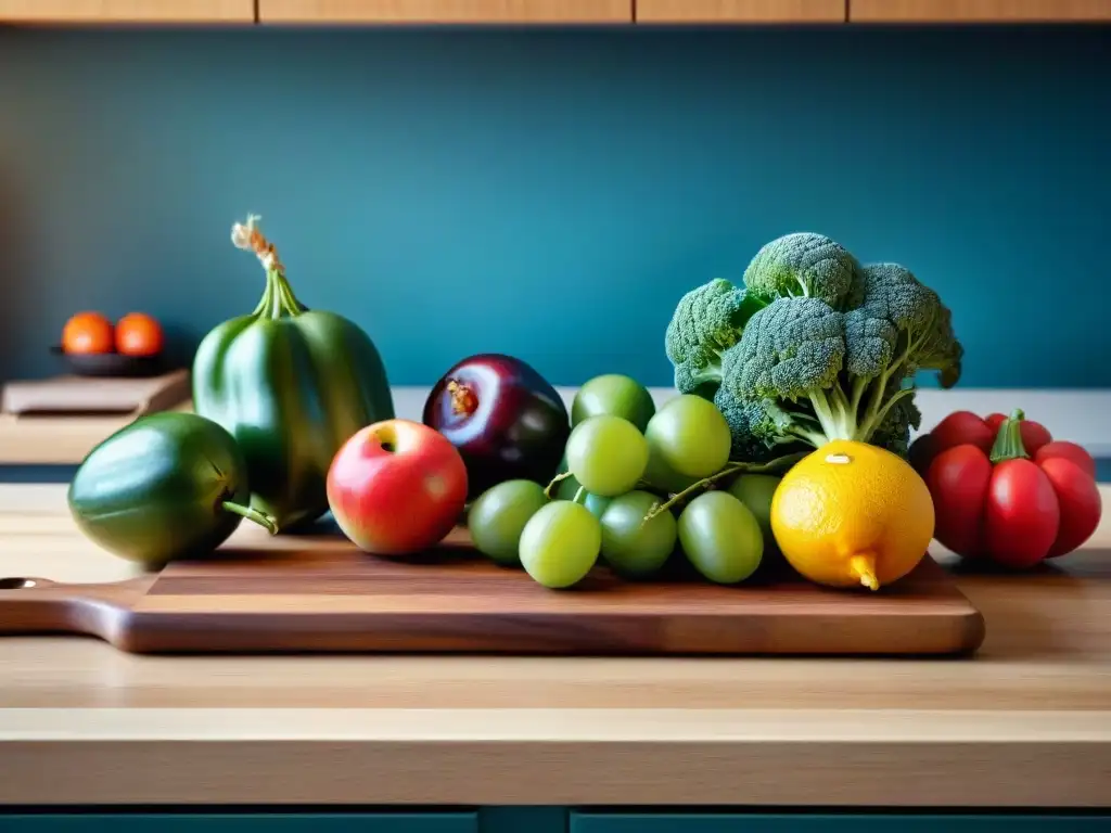 Escena calmada de cocina con frutas y verduras frescas en tabla de madera, ideal para recetas sin gluten estilo mindfulness