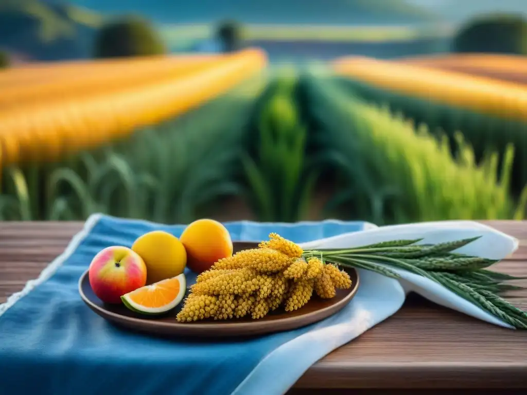 Escena campestre al atardecer con mesa de madera rústica y alimentos coloridos