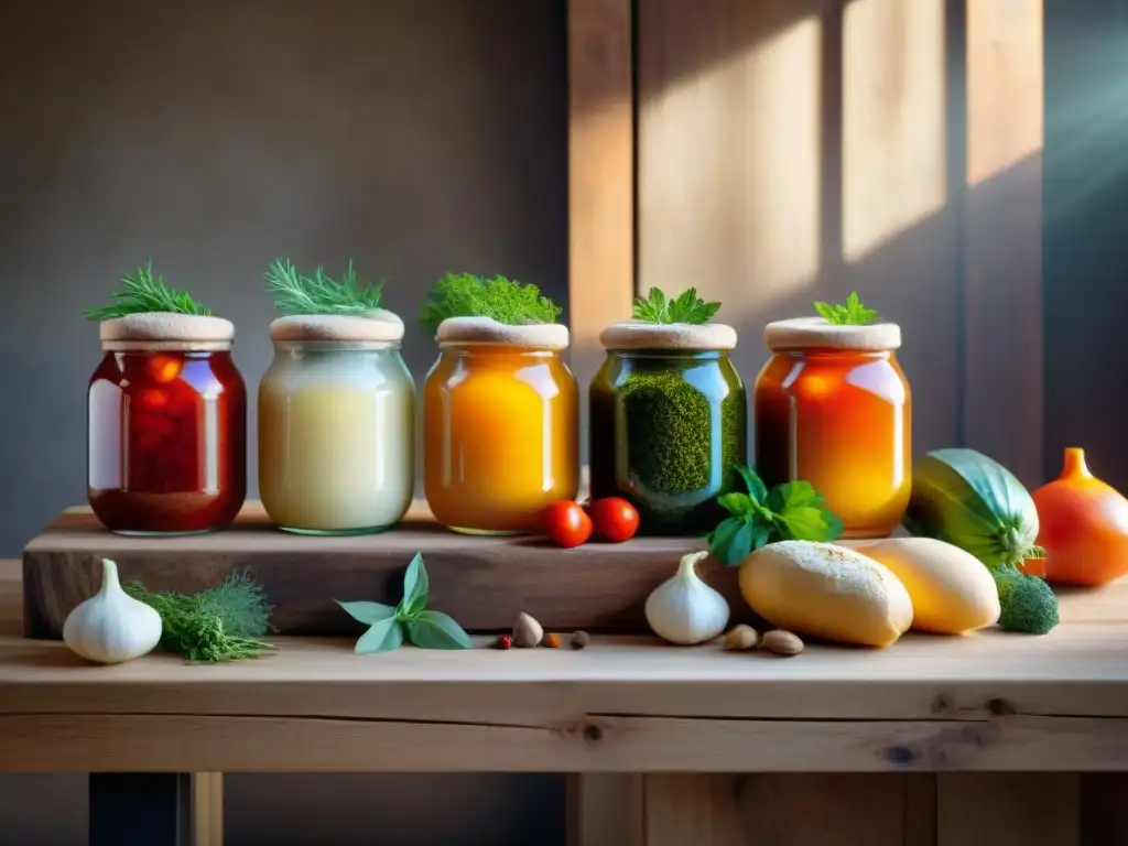 Escena cautivadora de alimentos fermentados sin gluten en mesa rústica, con colores vibrantes y patrones irresistibles