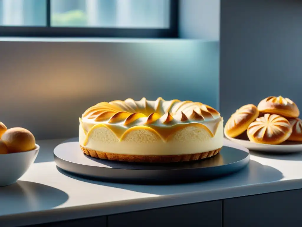 Una escena cautivadora de cocina moderna con panadería sin gluten y una impresora 3D creando un pastel delicado