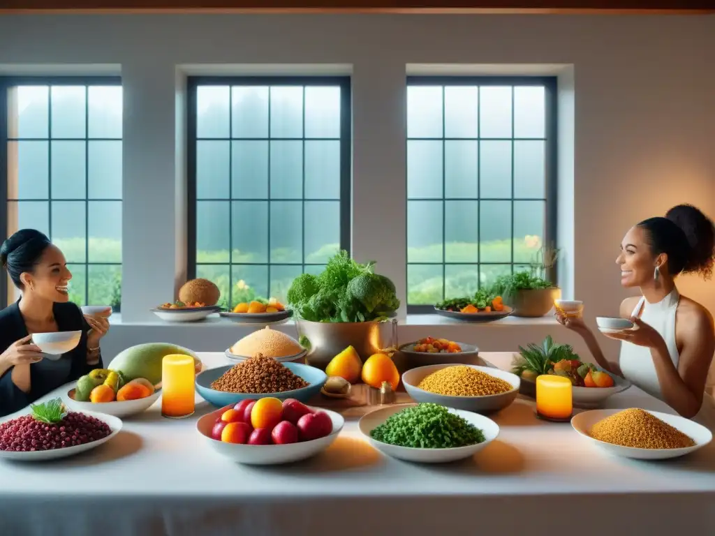 Una escena cautivadora de cocina vegana sin gluten innovadora, con chefs y entusiastas alrededor de una mesa colorida