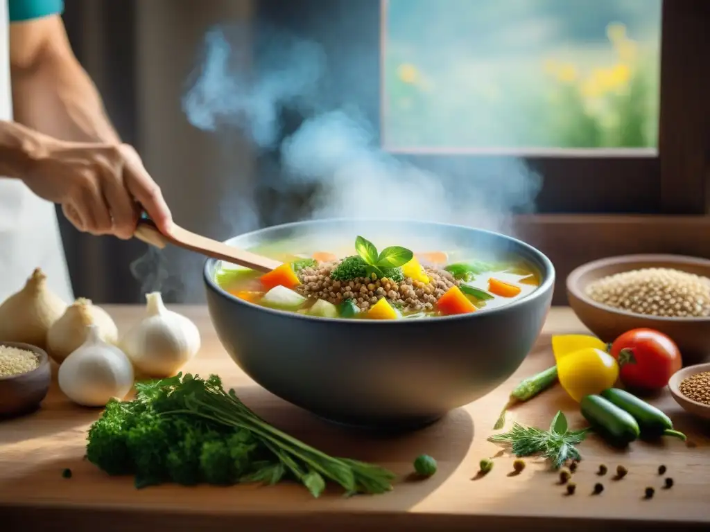 Una escena de cocina acogedora con una variedad de vegetales frescos y coloridos, granos sin gluten y hierbas aromáticas en una mesa rústica de madera