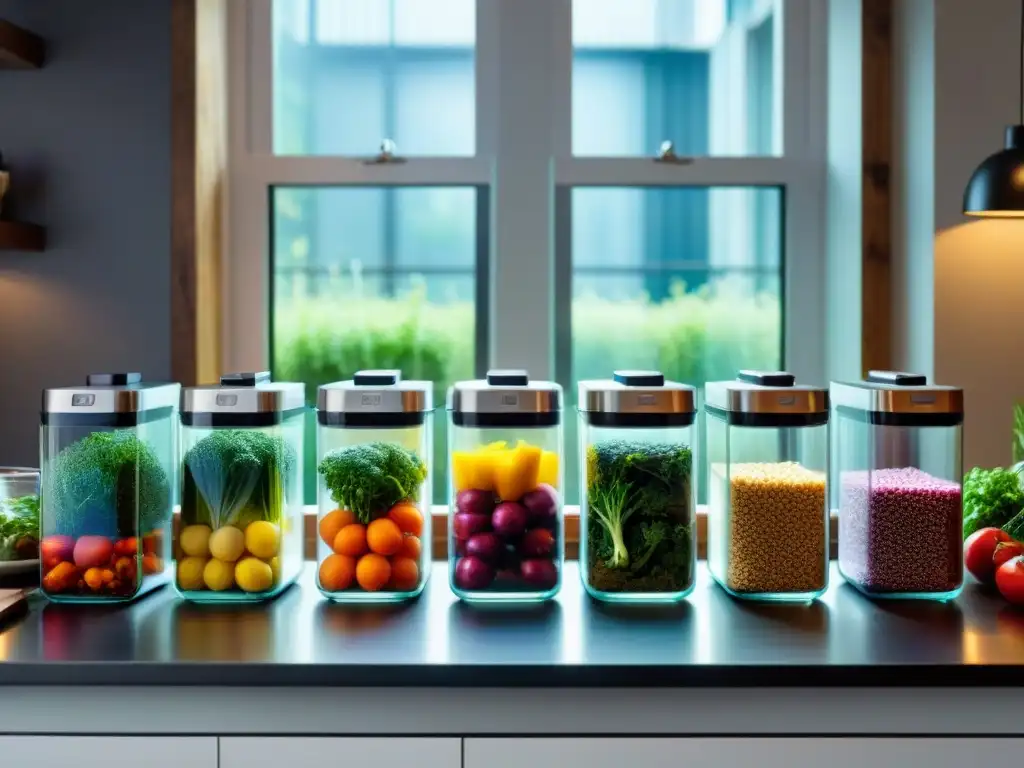 Una escena de cocina armoniosa con ingredientes coloridos y hierbas en cuencos de vidrio, junto a una máquina sous vide moderna cocinando a la perfección un platillo sin gluten