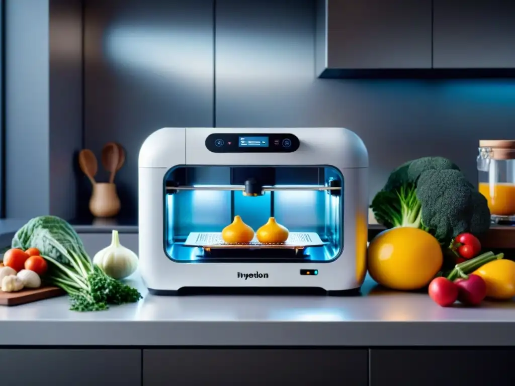 Escena de cocina futurista con impresión 3D alimentos sin gluten creando platos precisos y deliciosos