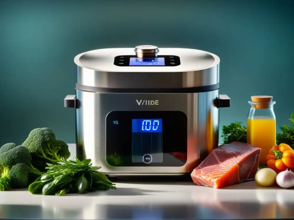 Una escena de cocina sin gluten con Sousvide: máquina de precisión en encimera moderna, hierbas frescas y carne