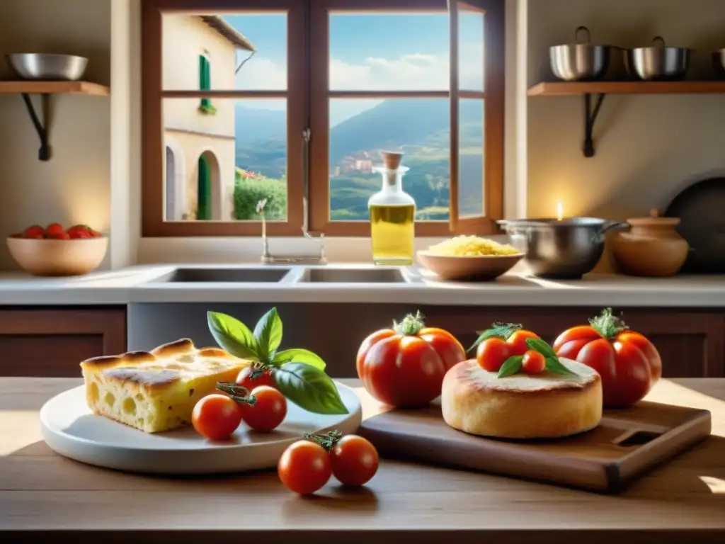 Una escena de cocina italiana tradicional sin gluten con focaccia, tomates, albahaca y aceite de oliva, fusionando tradición e innovación