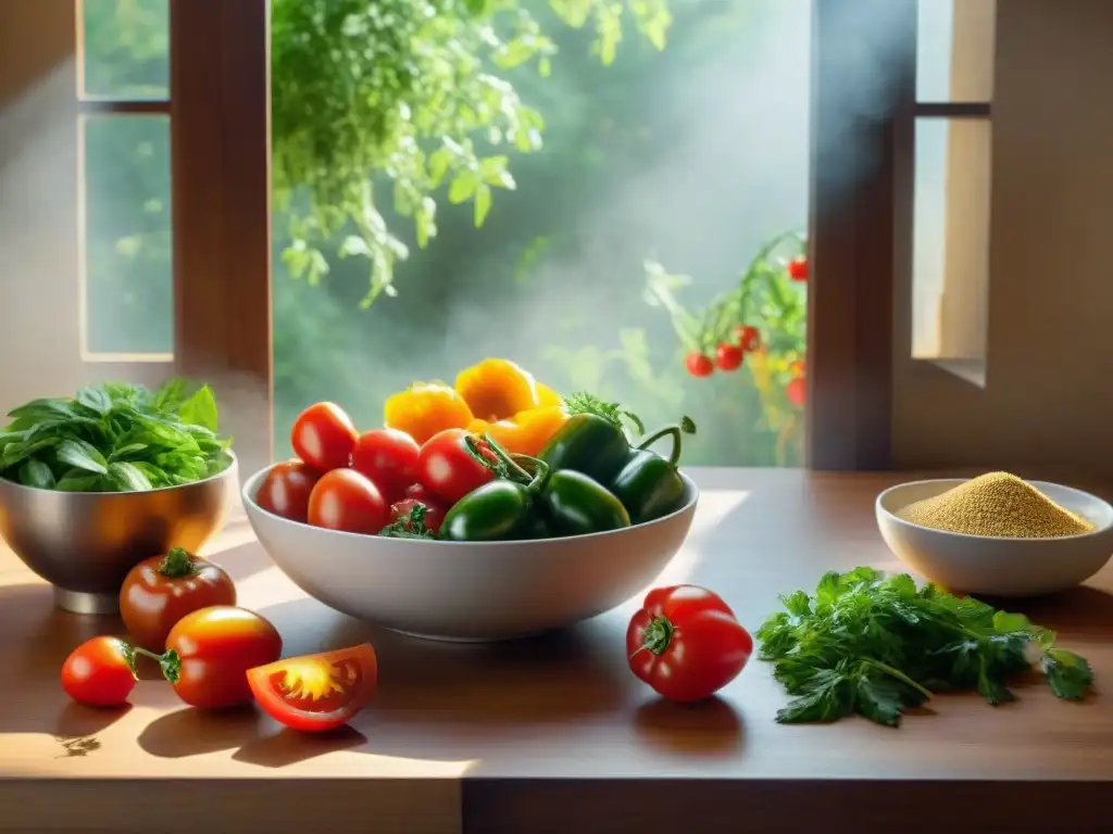 Una escena de cocina latina vibrante y detallada, con ingredientes coloridos y un chef apasionado preparando salsa