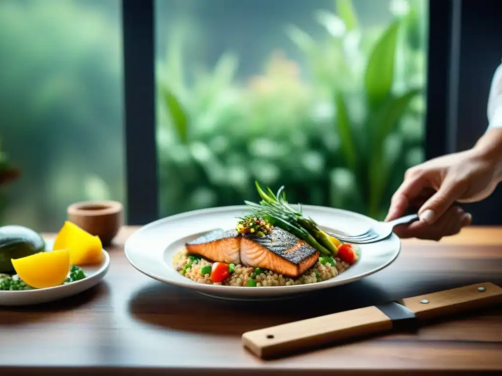 Una escena de cocina sin gluten y mindfulness: mesa rústica preparada con elegantes platos saludables, chef decorando con amor