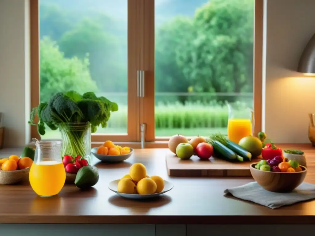 Escena de cocina serena y acogedora con mesa de madera llena de alimentos frescos y coloridos, inspirando una dieta FODMAP sin gluten