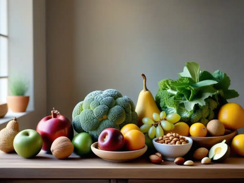 Una escena de cocina serena y acogedora, con una mesa de madera rústica llena de frutas, verduras, frutos secos y granos sin gluten