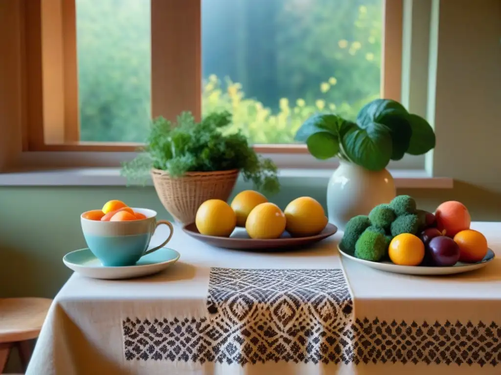 Una escena de cocina serena y acogedora con una mesa decorada con frutas y verduras coloridas, pan sin gluten recién horneado y una taza de té