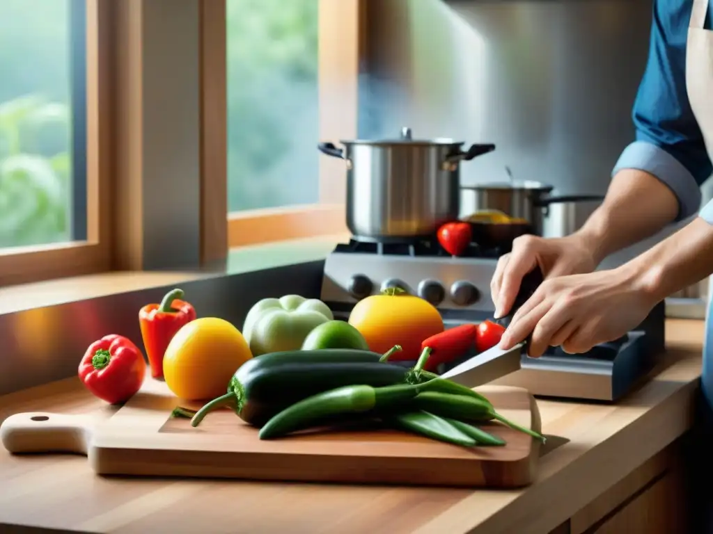 Una escena de cocina serena con alimentos frescos y coloridos en tabla de madera