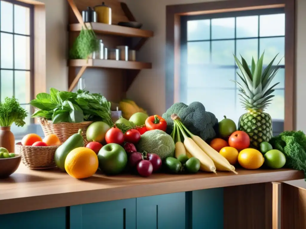 Escena de cocina serena con frutas y verduras frescas en cestas de mimbre, mesa rústica con alimentos sin gluten