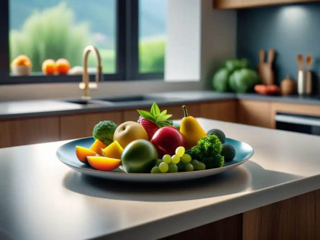 Escena de cocina serena con frutas y verduras coloridas, destacando un delicioso plato sin gluten