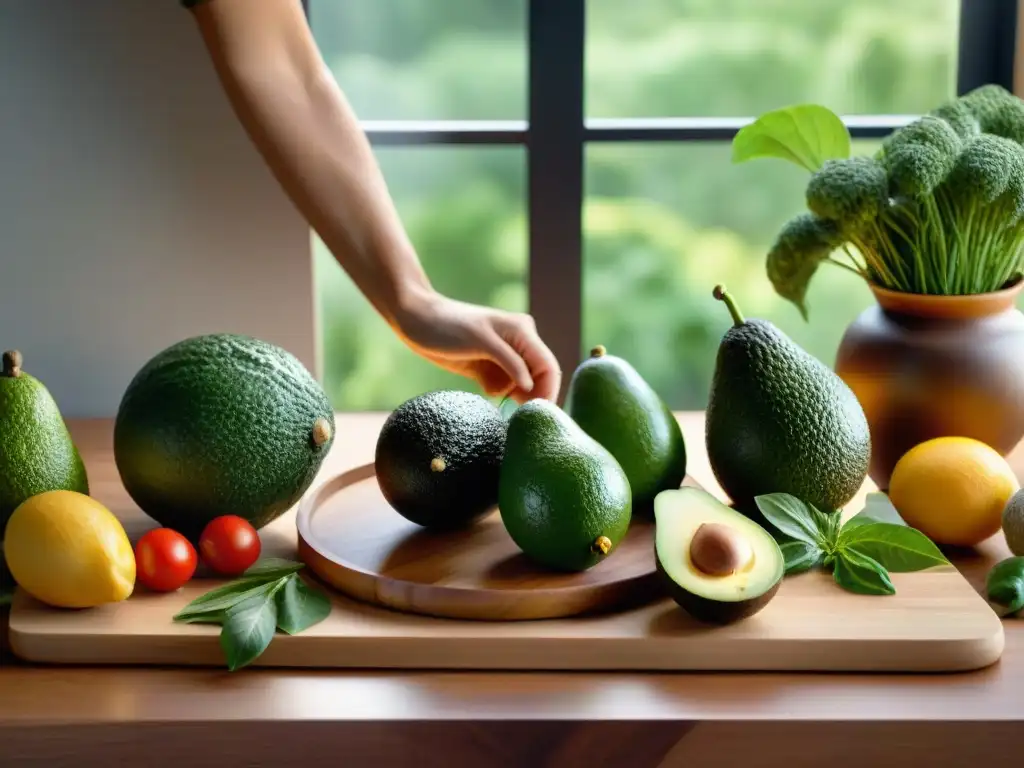 Una escena de cocina serena con frutas, verduras y hierbas coloridas, preparando una comida sin gluten