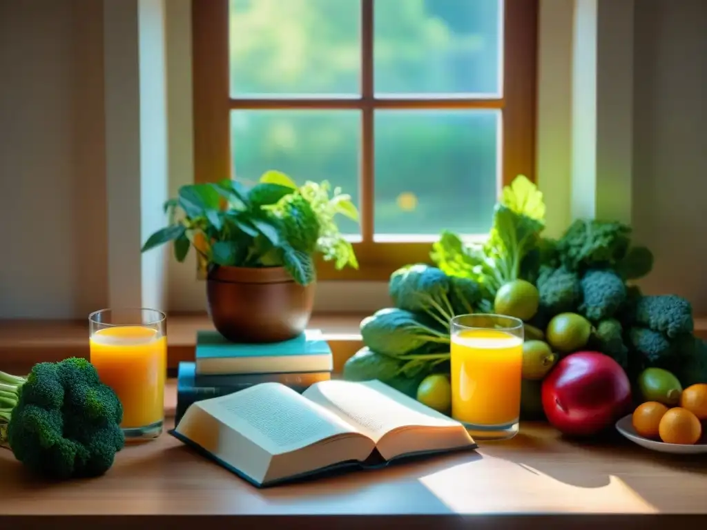 Escena de cocina serena con frutas, libros de cocina sin gluten y jugo de naranja fresco